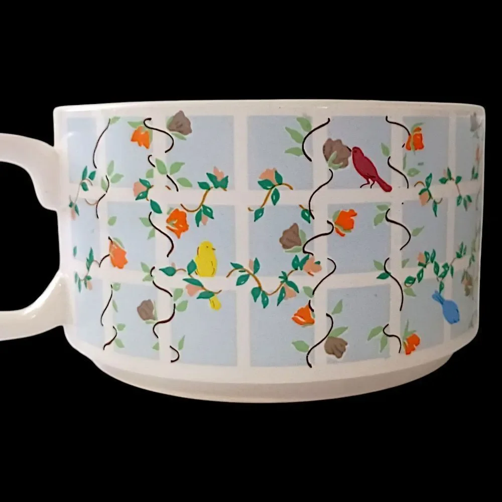 2 Vintage Soup Chili Mug Cup Ceramic Flowers Birds Pastel Pair Cottage 70s Retro